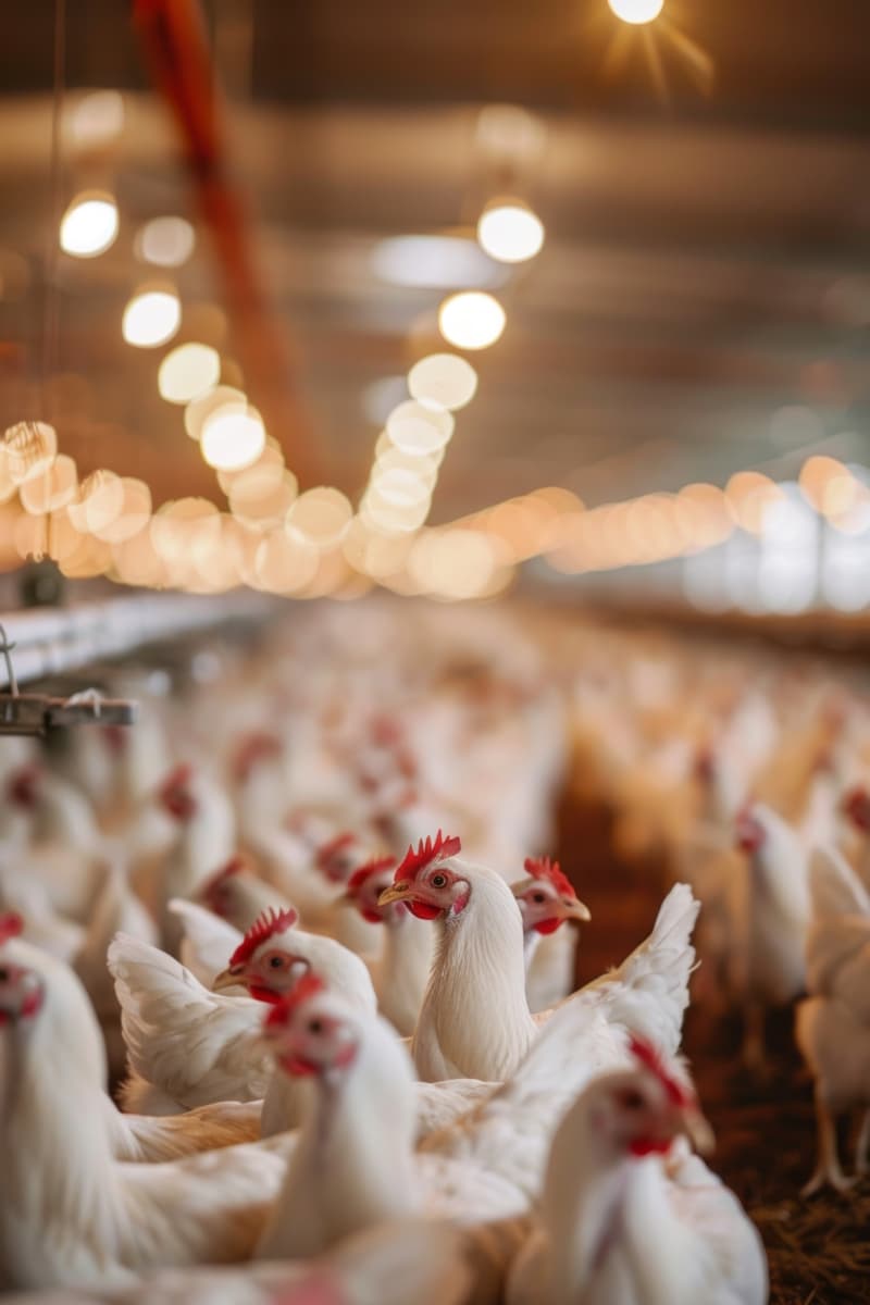 Broiler barn interior — birds spread evenly, dry litter, calm environment