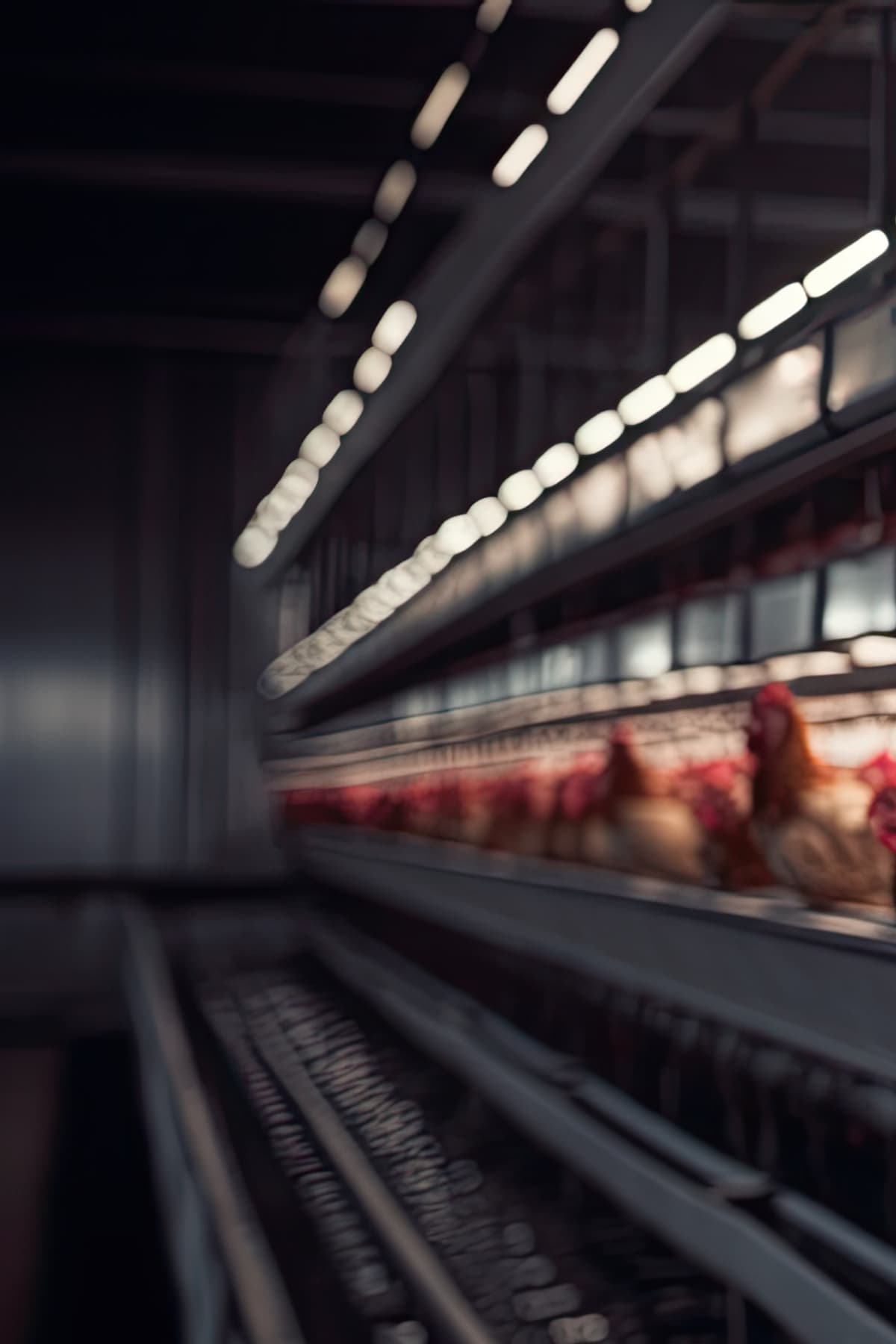 Broiler barn with Reflect-O-Ray infrared heating — birds spread evenly across the floor